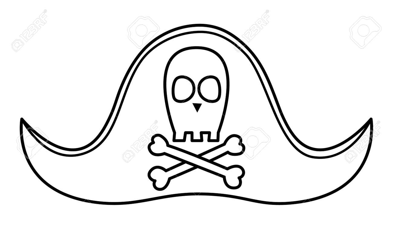 Black and white pirate hat icon line cocked accessory with skull and crossed bones outline marine treasure hunt headwear or coloring page isolated on white background royalty free svg cliparts vectors and