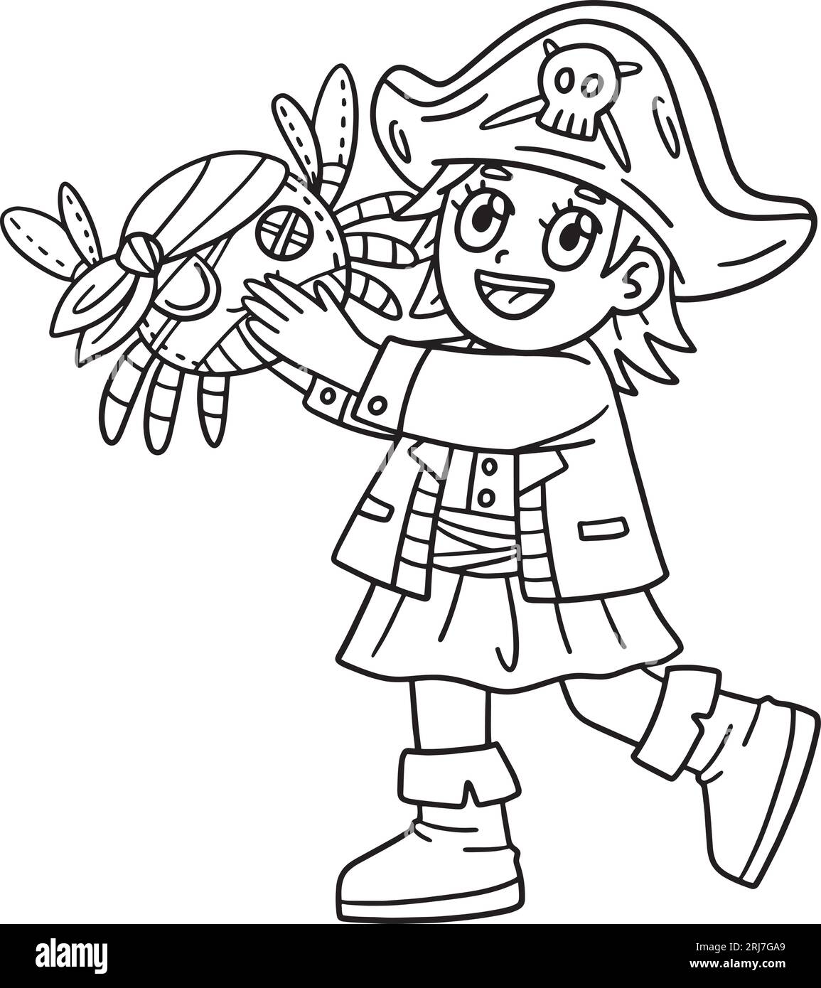 Child with pirate crab toy isolated coloring page stock vector image art