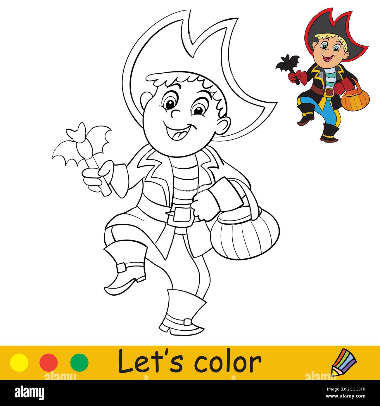 Funny boy in pirate costume halloween concept coloring book page for children with colorful template vector cartoon illustration for print presch stock vector image art