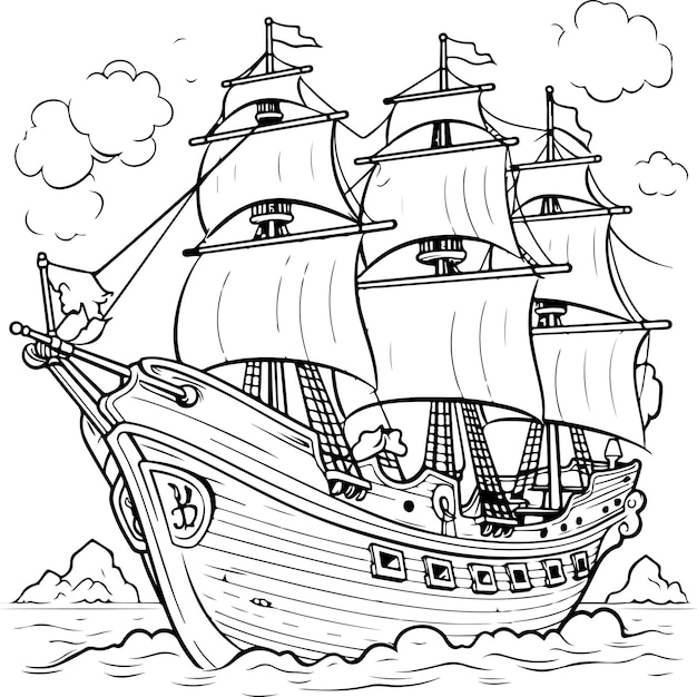 Premium vector coloring page of a pirate ship