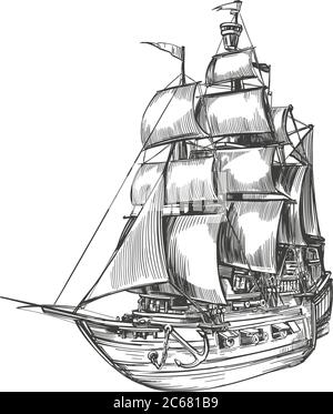 Vintage pirate ship sketch hand drawn in engraving style illustration stock vector image art