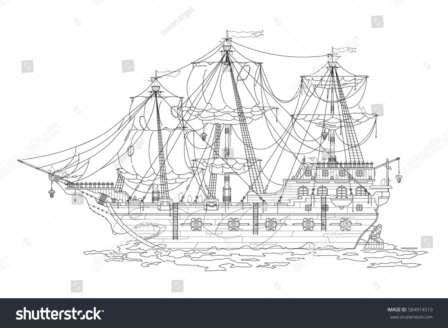 Outline sketch old pirate ships coloring stock vector royalty free