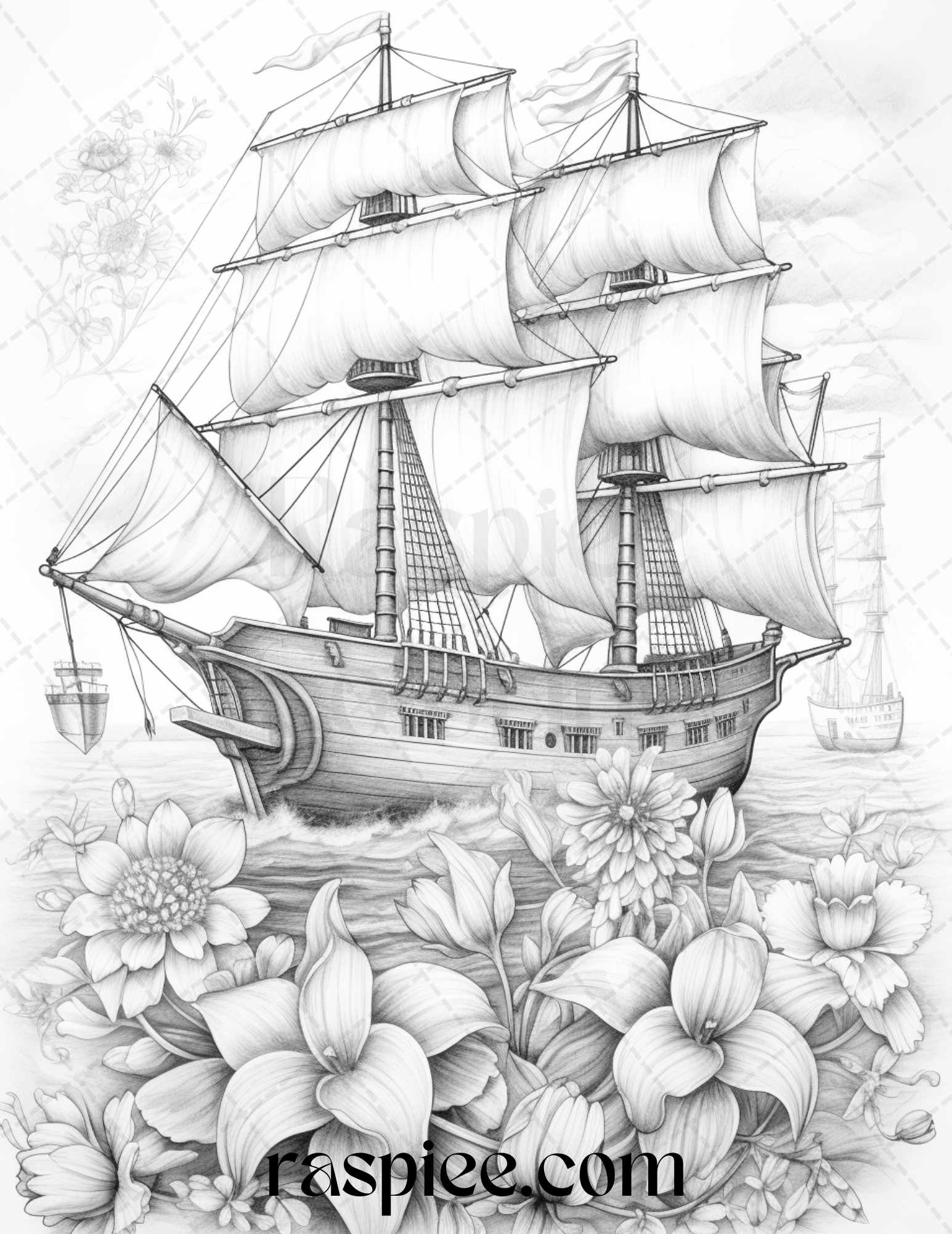 Flower ships graysale coloring pages printable for adults pdf file â coloring