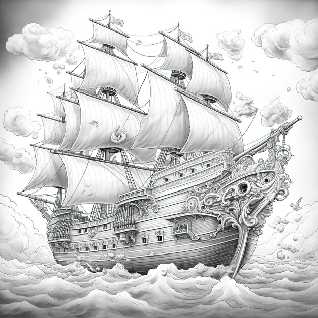 Premium vector kids color book rococo ships on the sea floating on swirling clouds