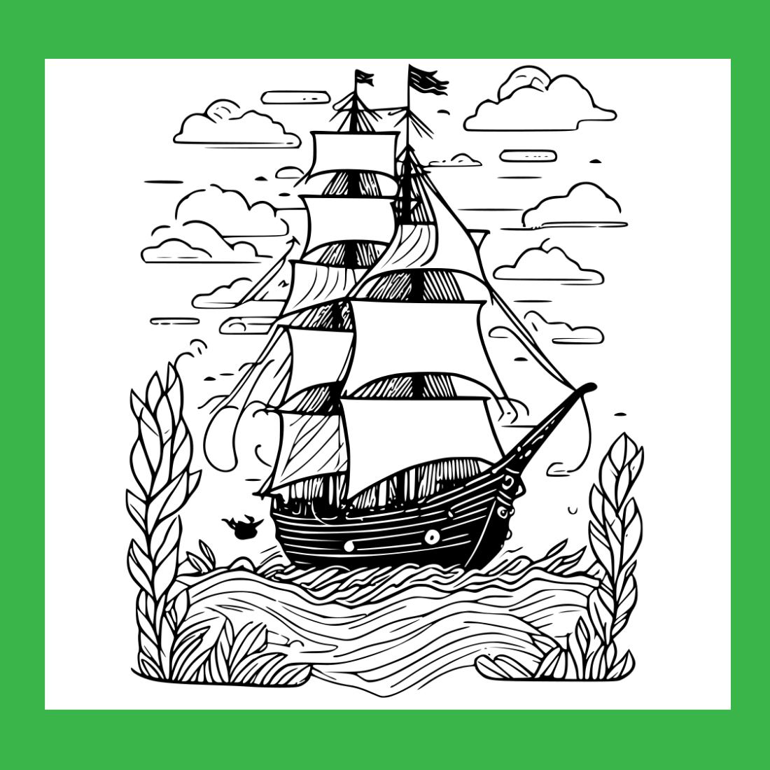 Coloring pages bundle for adults drawn illustration cute doodle seascape with spanish galleon