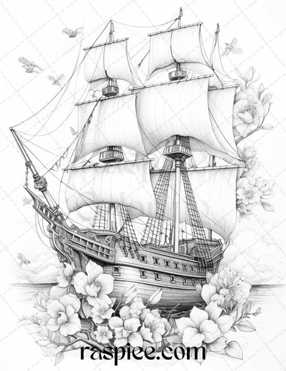 Flower ships graysale coloring pages printable for adults pdf file â coloring