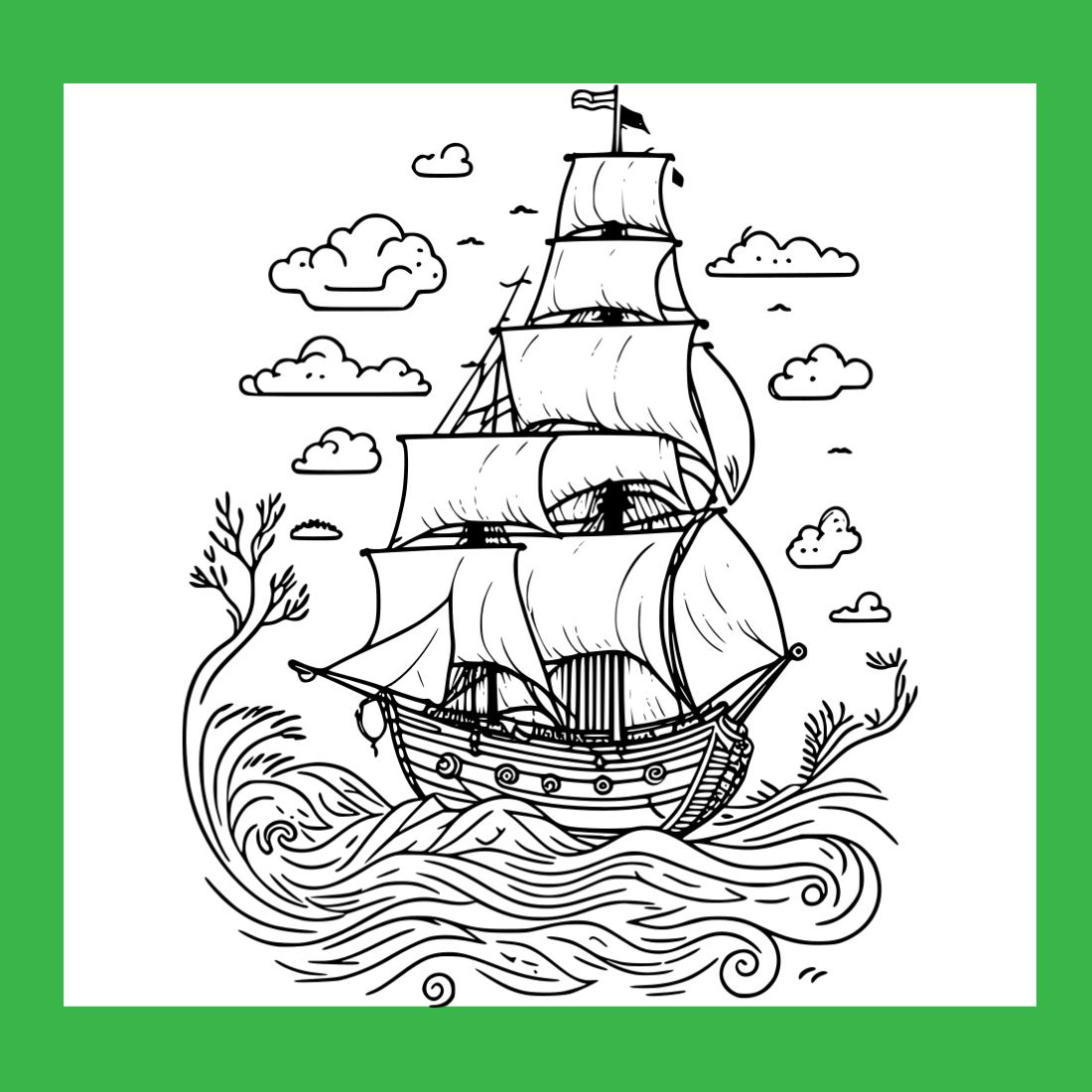 Coloring pages bundle for adults drawn illustration cute doodle seascape with spanish galleon