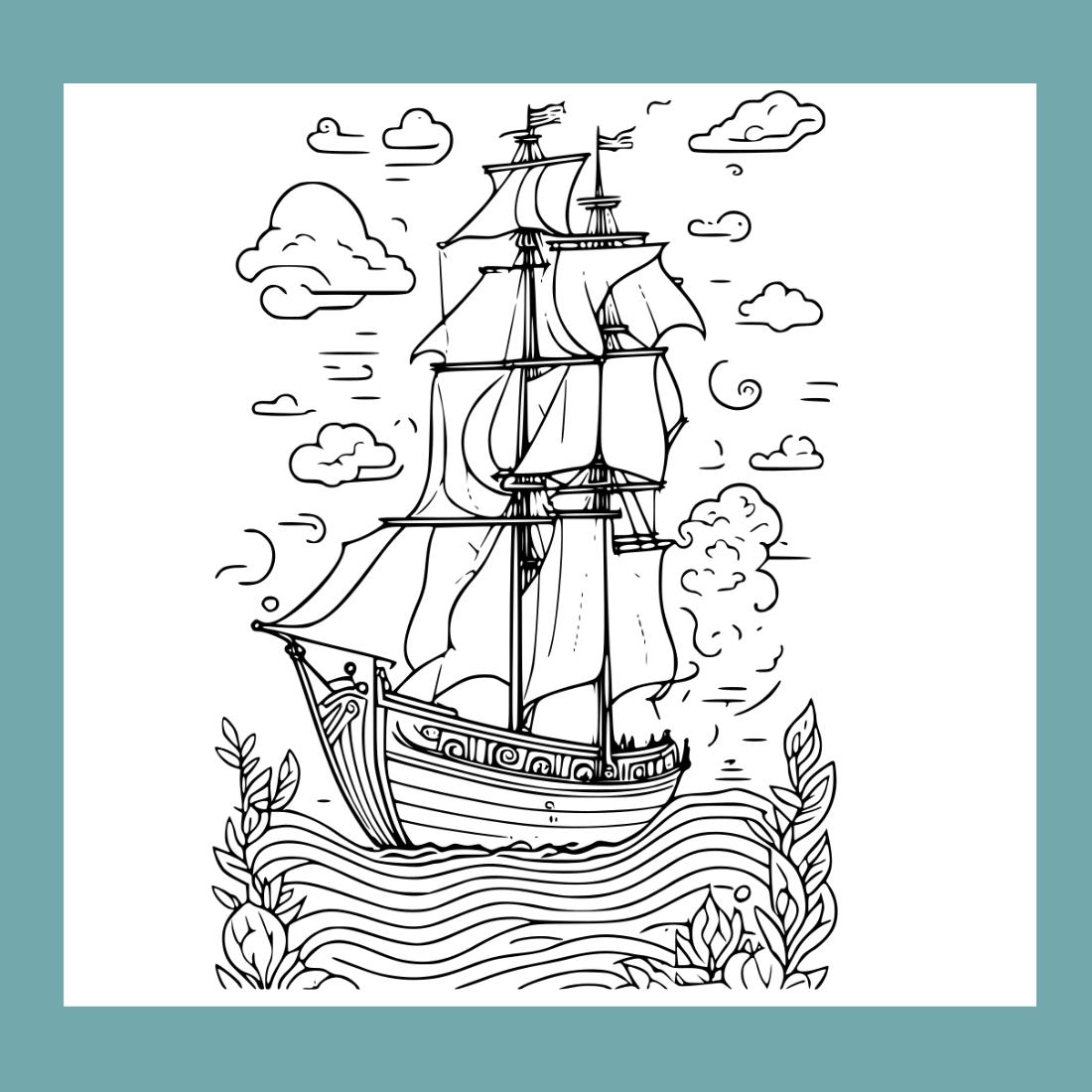 Coloring pages bundle for adults drawn illustration cute doodle seascape with spanish galleon
