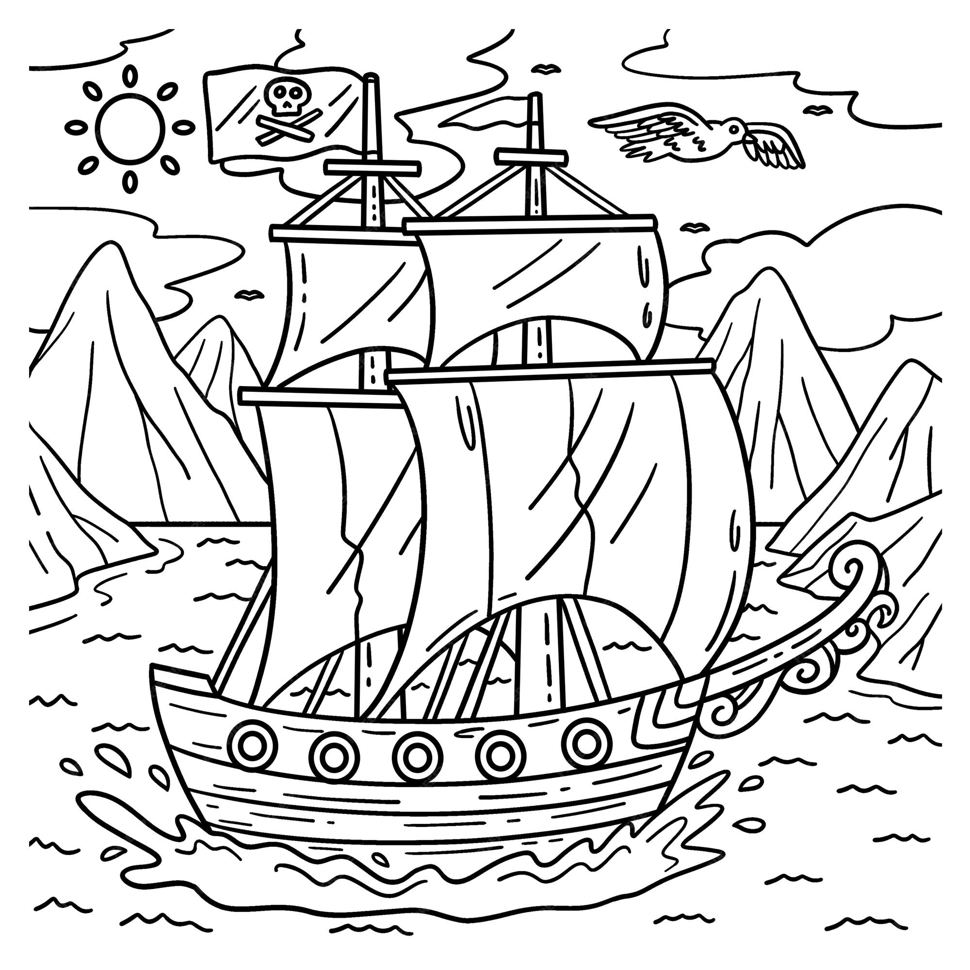 Premium vector a cute and funny coloring page of a pirate ship provides hours of coloring fun for children color this page is very easy suitable for little kids and toddlers