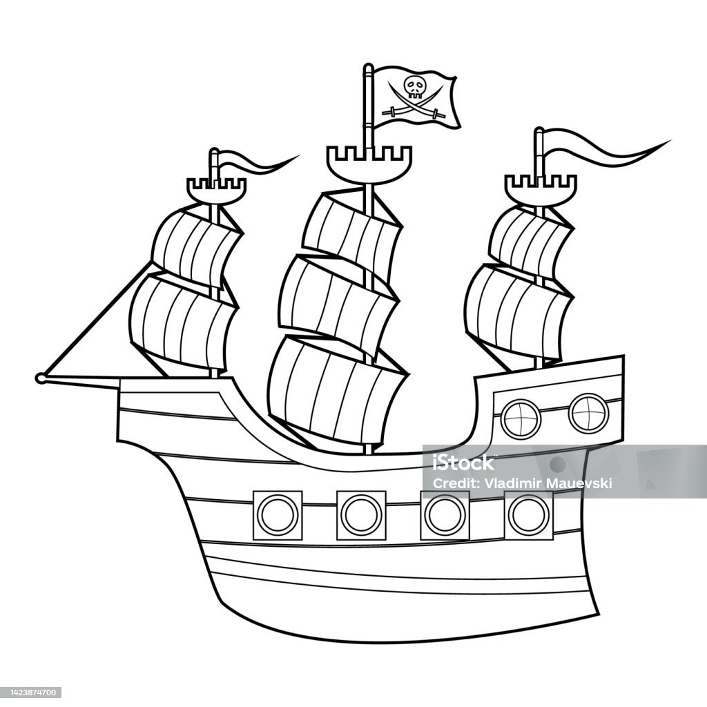 Coloring book for kids pirate ship vector isolated on a white background stock illustration