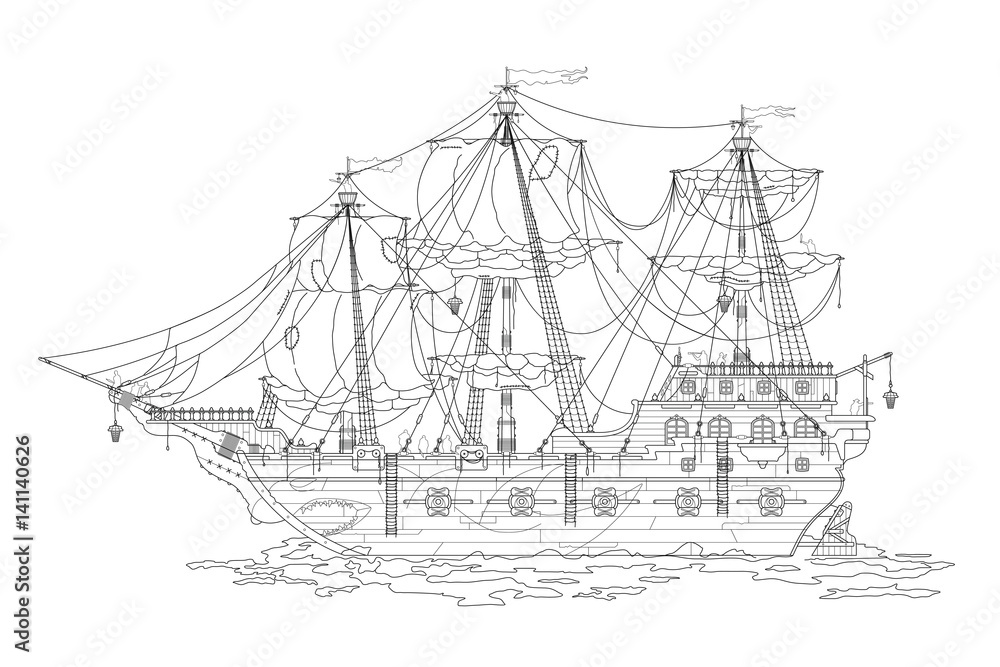 Outline sketch of the old pirate ships coloring coloring book for adults black and white vector illustration vector