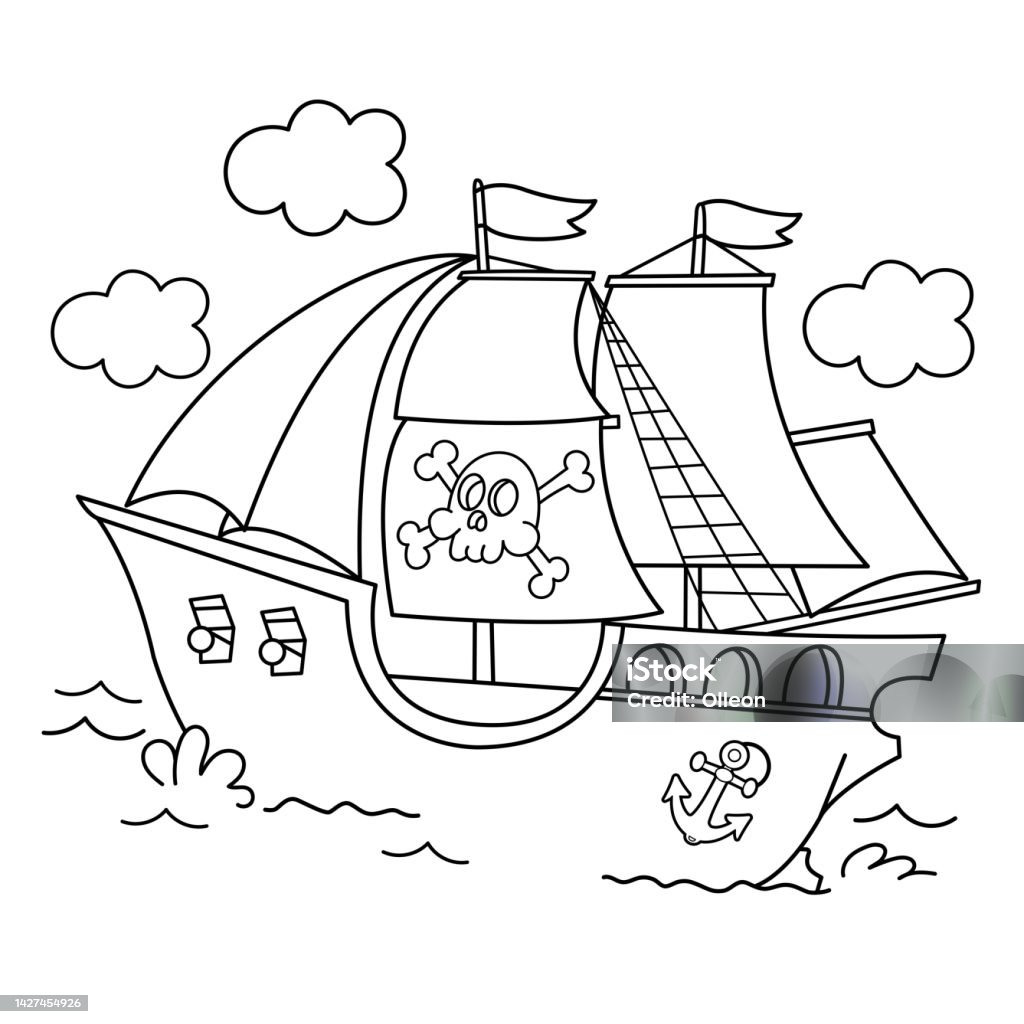 Coloring page outline of cartoon pirate ship sailboat with black sails with skull in sea drawing coloring book for kids stock illustration