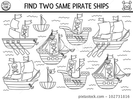 Black and white find two same pirate ships