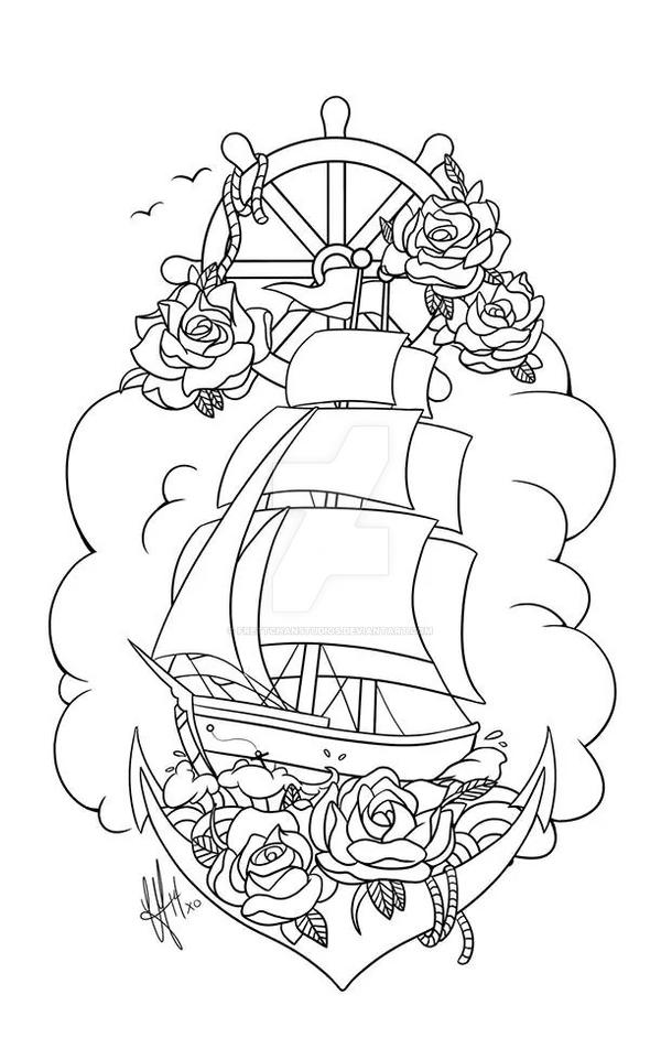 Pirate ship tattoo by frettchanstudios on