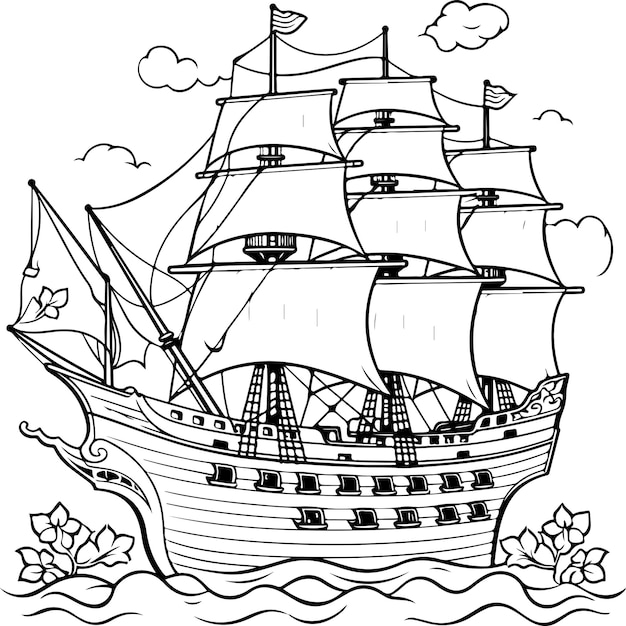 Premium vector coloring page of a pirate ship