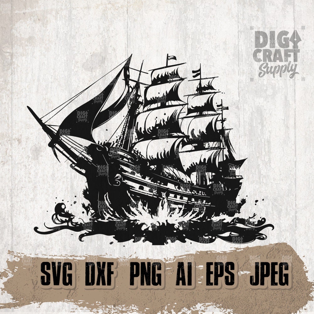 Pirate ship svg black big boat cutfile bad captain stencil von voyage dxf caribbean sail clipart sailing seafarer shirt png tidal wave instant download