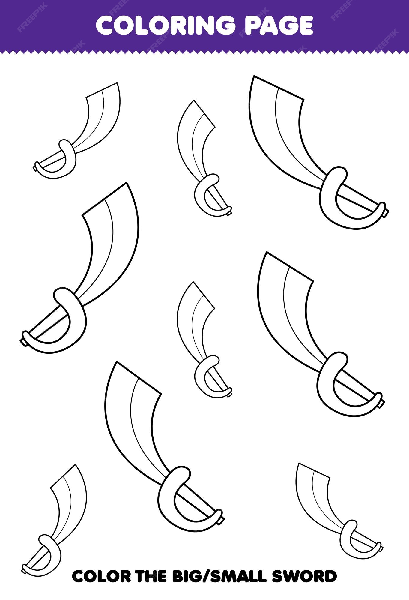 Premium vector education game for children coloring page big or small picture of cute cartoon sword line art printable pirate worksheet