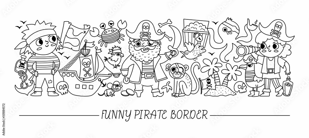 Vector black and white horizontal border set with cute pirates and animals line sea adventures card template design cute treasure island border or coloring page with crab captain sailors vector