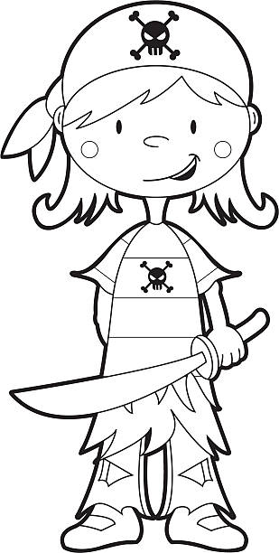 Colour in pirate girl template stock illustration