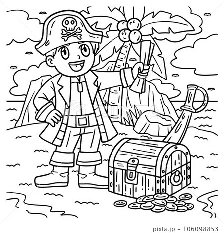 Pirate and treasure chest coloring page for kids