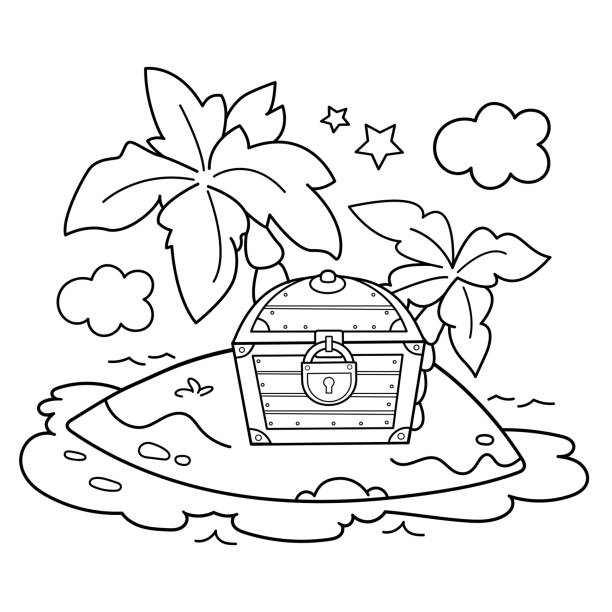 Coloring page outline of cartoon island of treasure coloring book for kids vector image for pirate party for children stock illustration