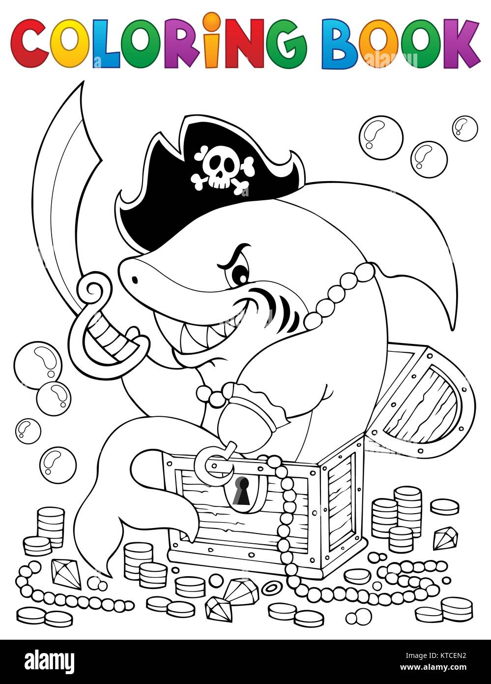 Coloring book pirate shark with treasure stock photo