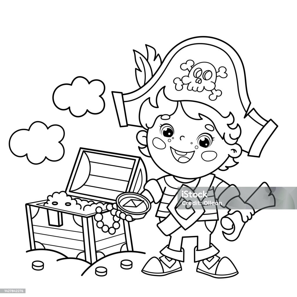 Coloring page outline of cartoon pirate with chest of treasure island of treasure coloring book for kids stock illustration
