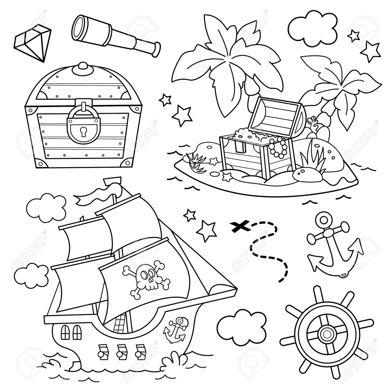 Cartoon set for pirate party for kids pirate ship with skull in sea treasure chest closed coffer with lock island of treasure coloring book for kids royalty free svg cliparts vectors and