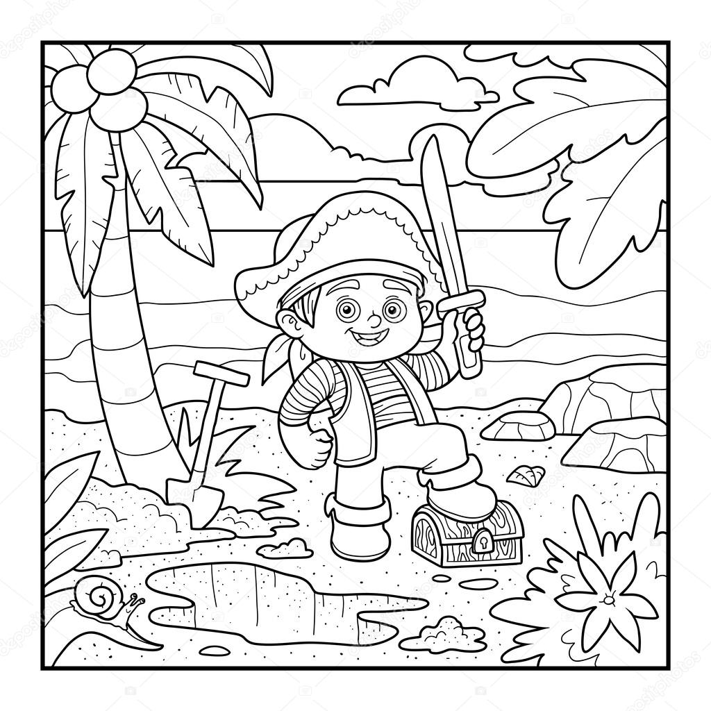 Coloring book pirate and treasure chest on a tropical island stock vector by ksenyasavva