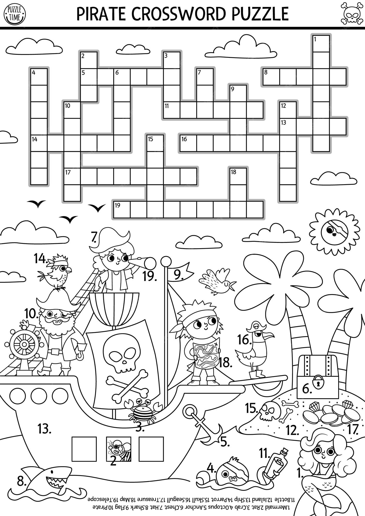Premium vector black and white vector pirate crossword puzzle for kids simple line treasure island quiz with marine landscape for children educational activity or coloring page with ship crossbones animalsxa