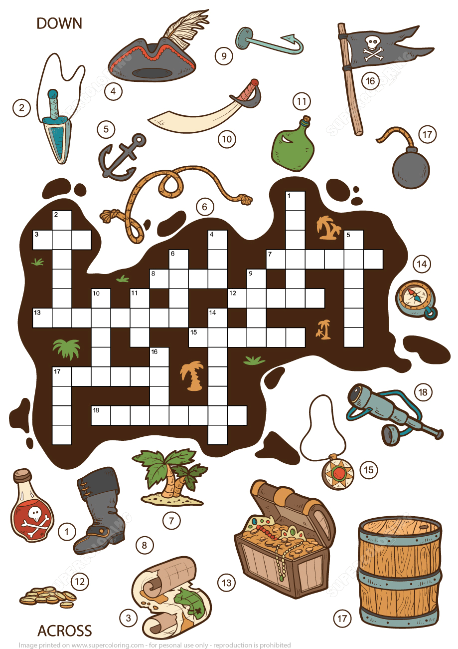 Crossword puzzle about pirates for children free printable puzzle games