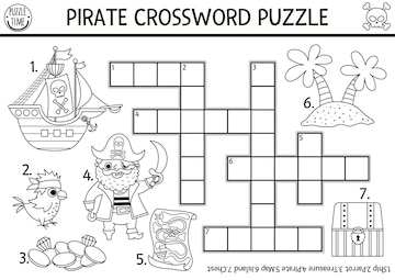Premium vector black and white vector pirate crossword puzzle for kids simple line treasure island quiz for children educational activity with ship parrot map chest cute cross word or coloring pagexa