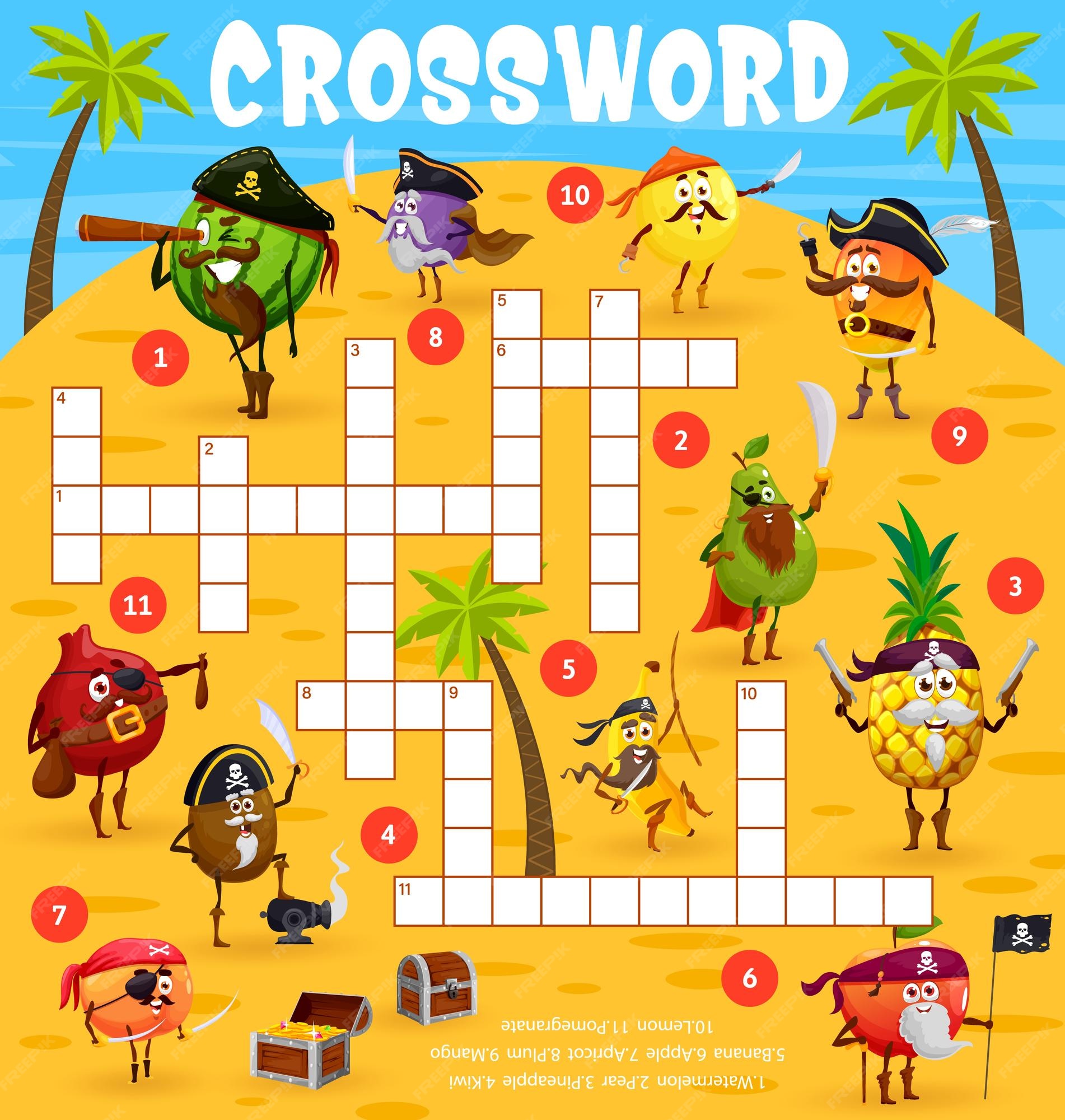 Premium vector crossword game cartoon fruits pirates characters