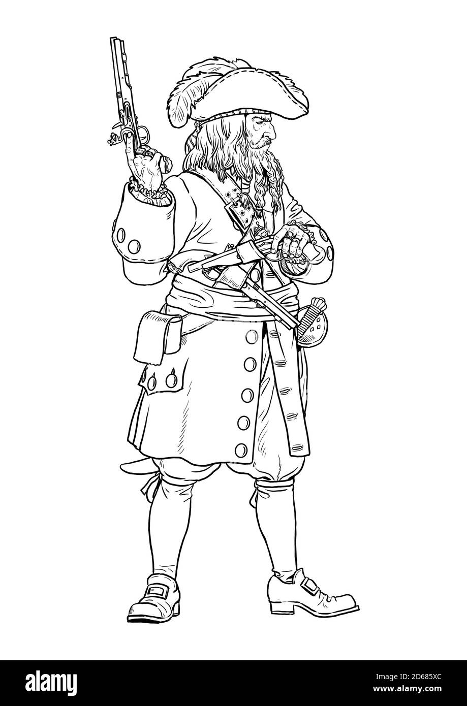 Pirate with pistols drawing with the captain blackbeard coloring page stock photo