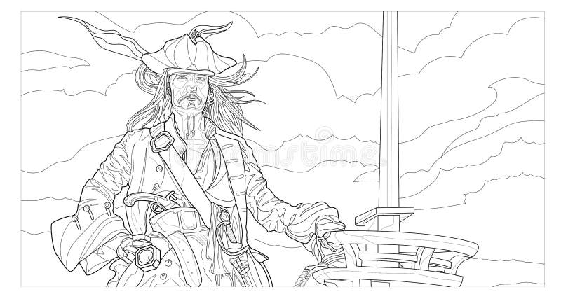 Pirate in the sea vector line art coloring page illustration black contour sketch isolated on white background stock illustration