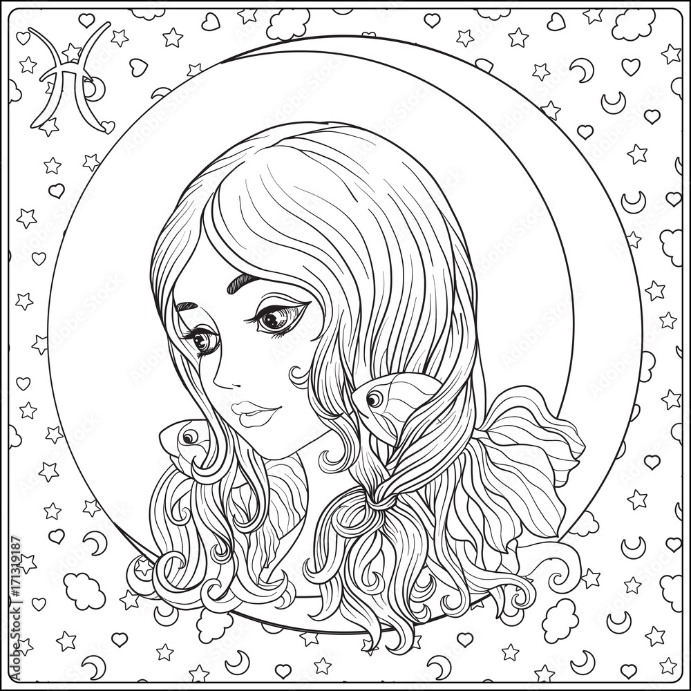 Pisces a young beautiful girl in the form of one of the signs of the zodiac outline hand drawing coloring page for adult coloring book line vector illustration vector
