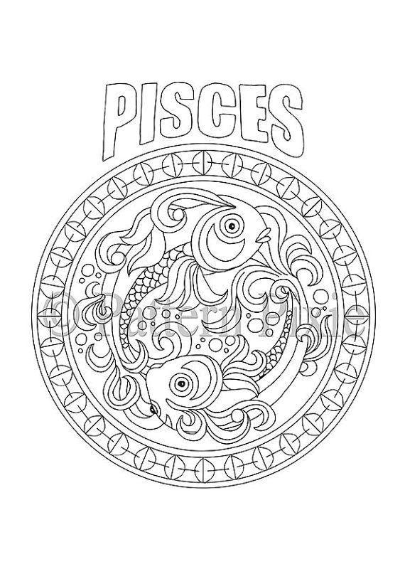 Adult coloring page zodiac pisces van patternpixie op etsy mandala kleurplaten kleurboek boek bladzijden kleuren