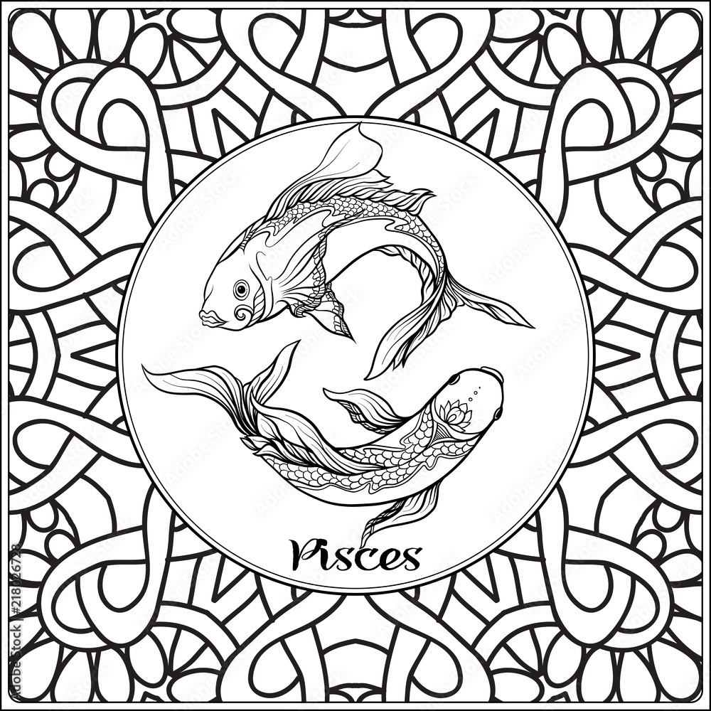 Pisces fish decorative zodiac sign on pattern background outline hand drawing good for coloring page for the adult coloring book vector illustration vector
