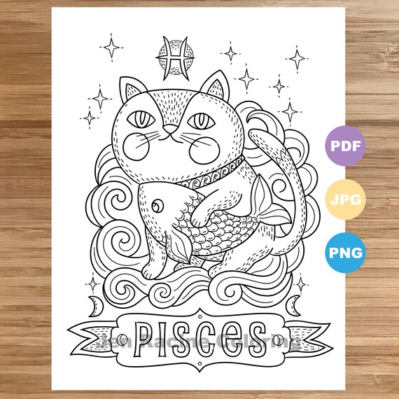 Pisces cat coloring page zodiac animal art cats astrology coloring page printable coloring page for kids coloring page for adults