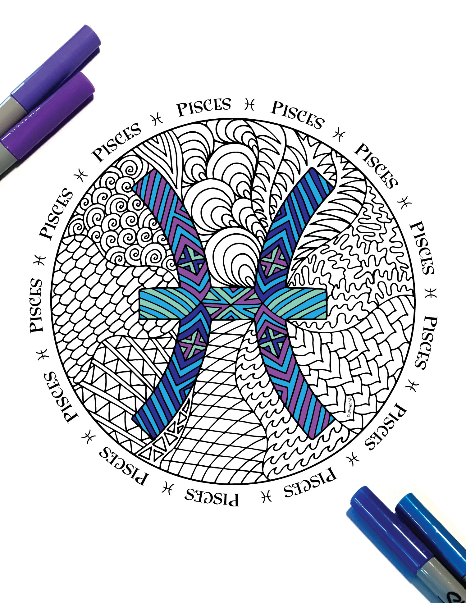 Pisces zodiac symbol â pdf zentangle coloring page â scribble stitch