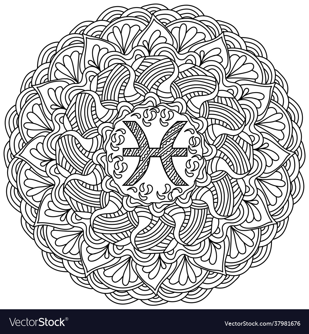 Contour mandala zodiac sign pisces zen coloring vector image