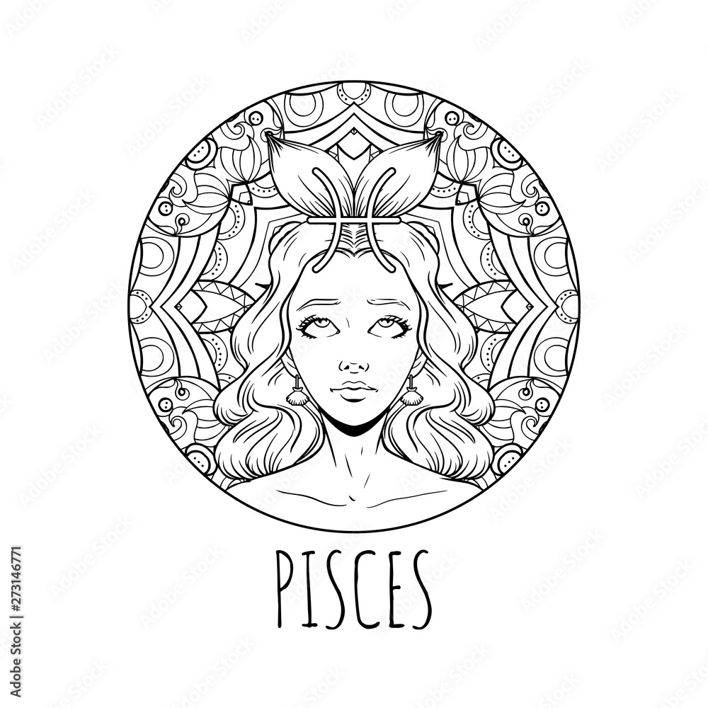 Pisces zodiac sign artwork adult coloring book page beautiful horoscope symbol girl vector illustration vector