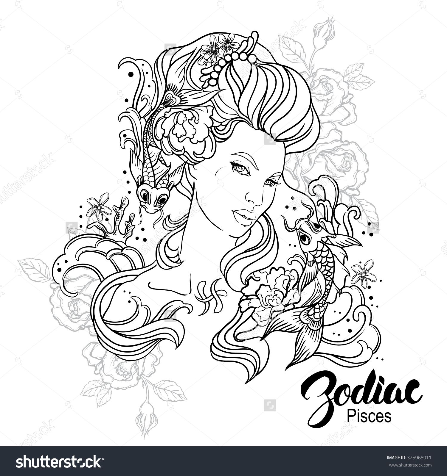 Zodiac vector illustration of pisces as girl with flowers design for colorg book page colorg book pages colorg books colorg pages