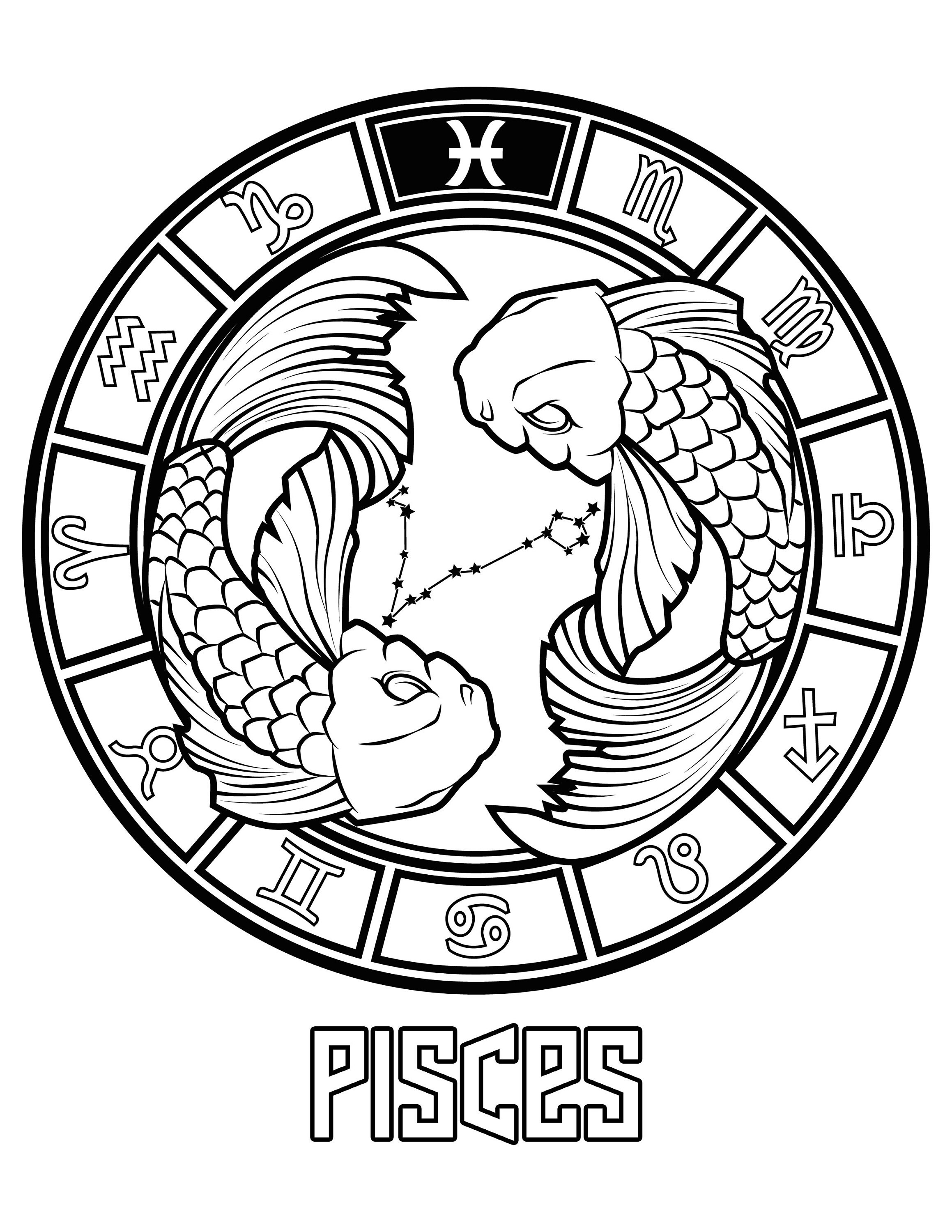 Pisces zodiac sign printable zodiac symbol digital download astrology coloring page