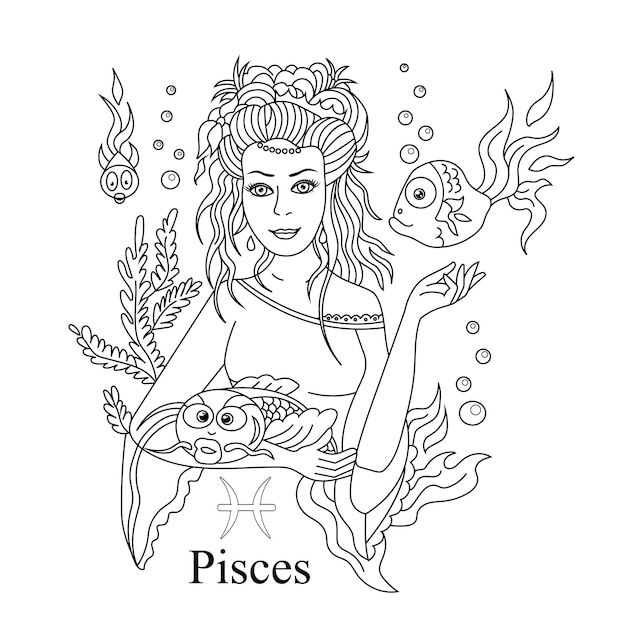 Premium vector pisces zodiac sign as a beautiful girl coloring page vector illustration isolated