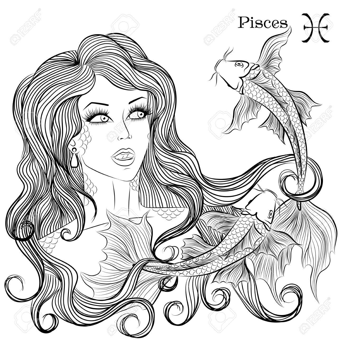 Zodiac illustration of the astrological sign of pisces as a girl with long hair lineart for coloring book page royalty free svg cliparts vectors and stock illustration image