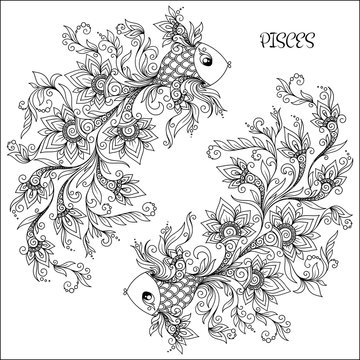 Hand drawn pattern for coloring book zodiac pisces vector