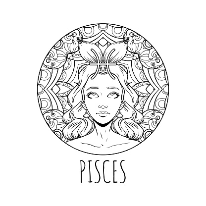 Pisces zodiac sign artwork adult coloring book page beautiful horoscope symbol girl vector illustration stock illustration