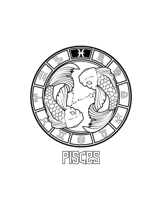 Pisces zodiac sign printable zodiac symbol digital download astrology coloring page