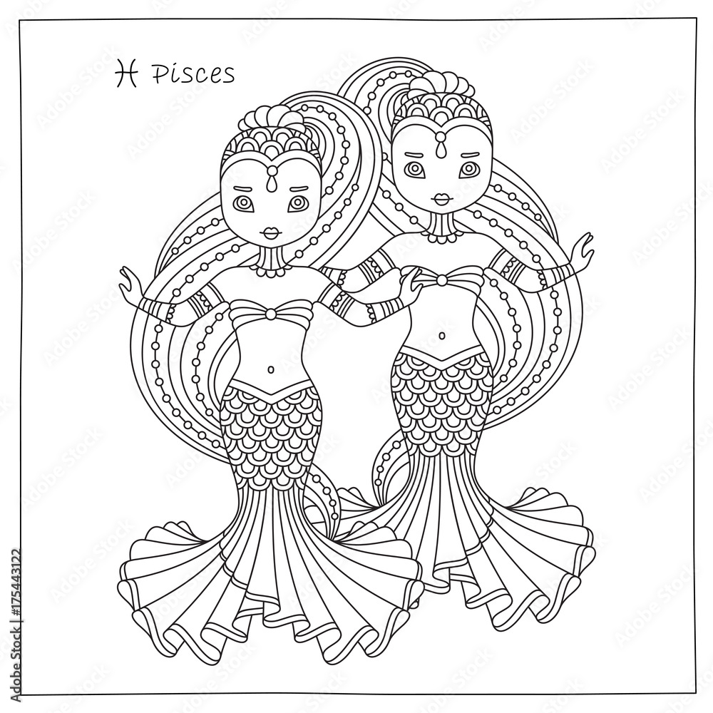 Vector hand drawing illustration of the pisces zodiac sign coloring book page for adults kids may be used as a print for your t